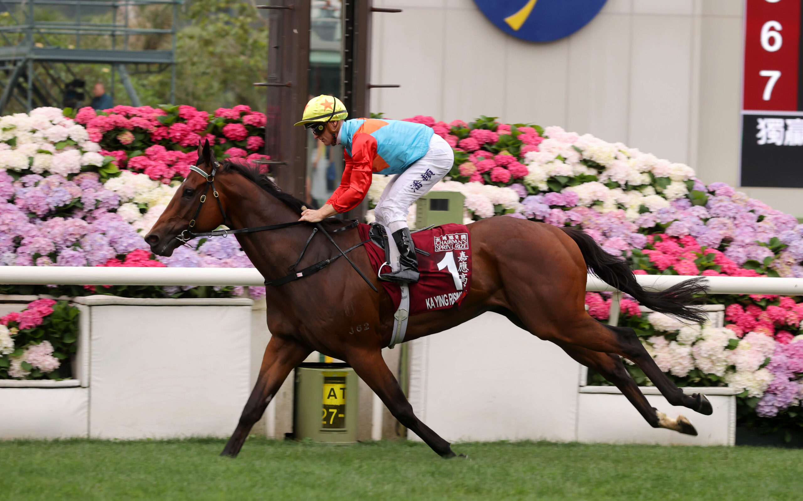 Ka Ying Rising, ridden by Zac Purton, crosses the finish line first to win the Group 1 Chairman’s Sprint Prize 2025 at Sha Tin Racecourse on FWD Champions Day.