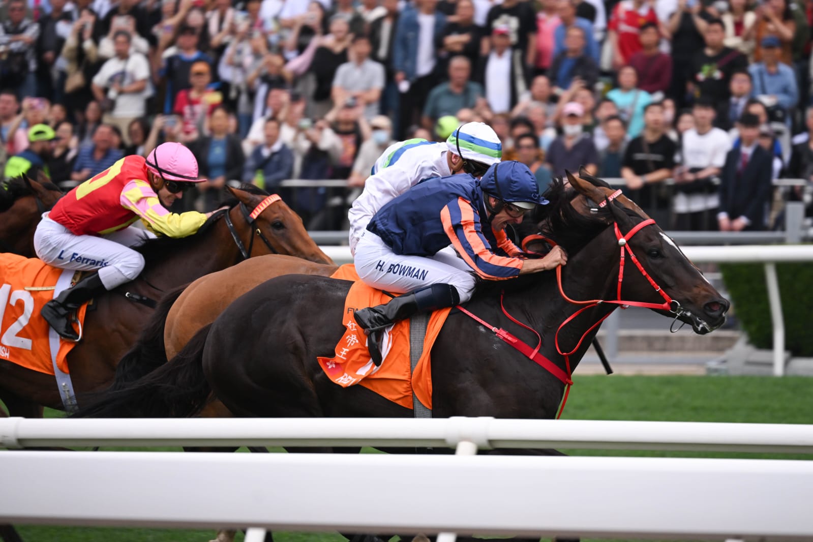 Red Lion, ridden by Hugh Bowman, surges ahead of Voyage Bubble to win the 2025 FWD Champions Mile at Sha Tin Racecourse.