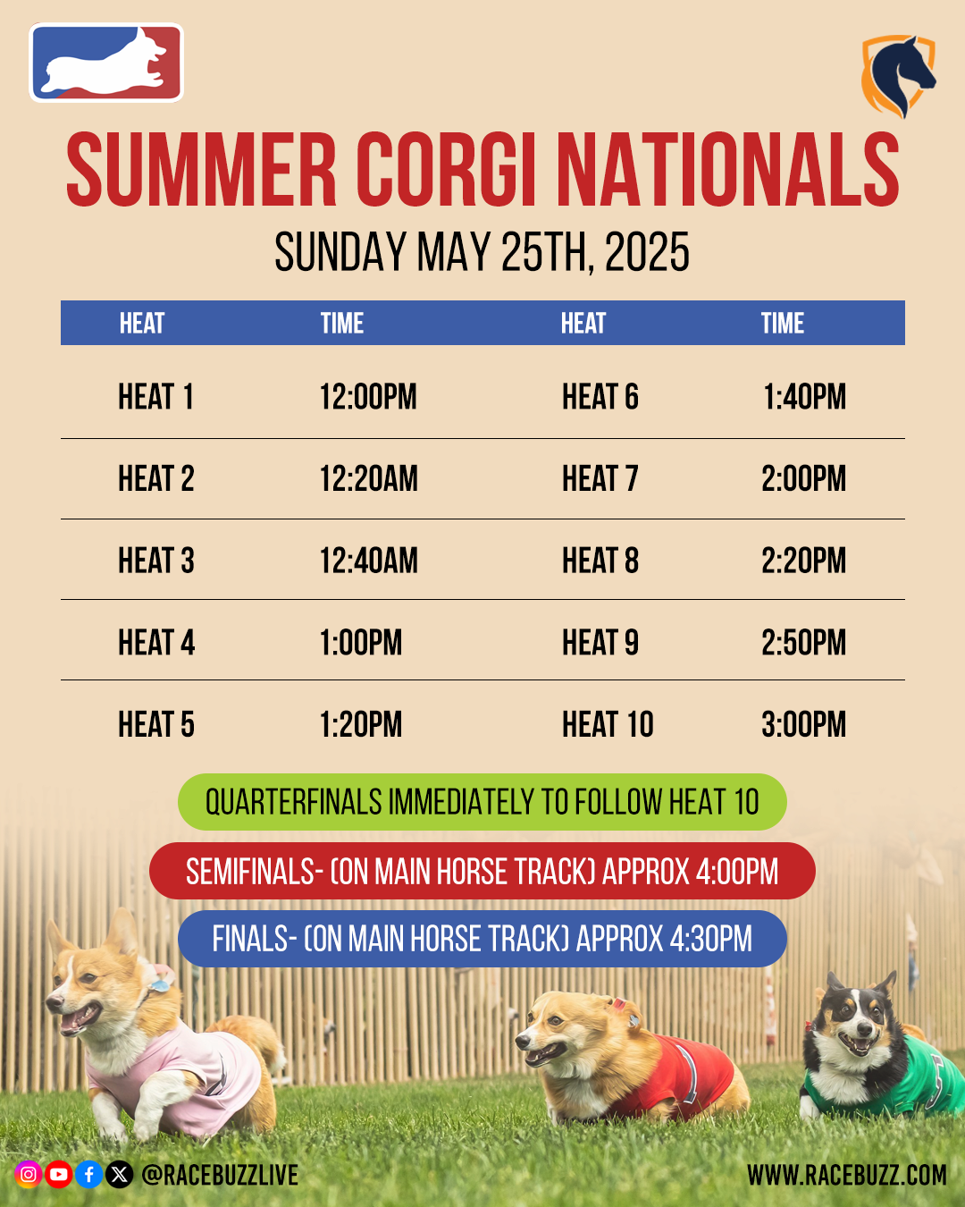 Corgis racing down the track at Santa Anita Park during the Summer Corgi Nationals 2025, surrounded by cheering spectators and festive booths.