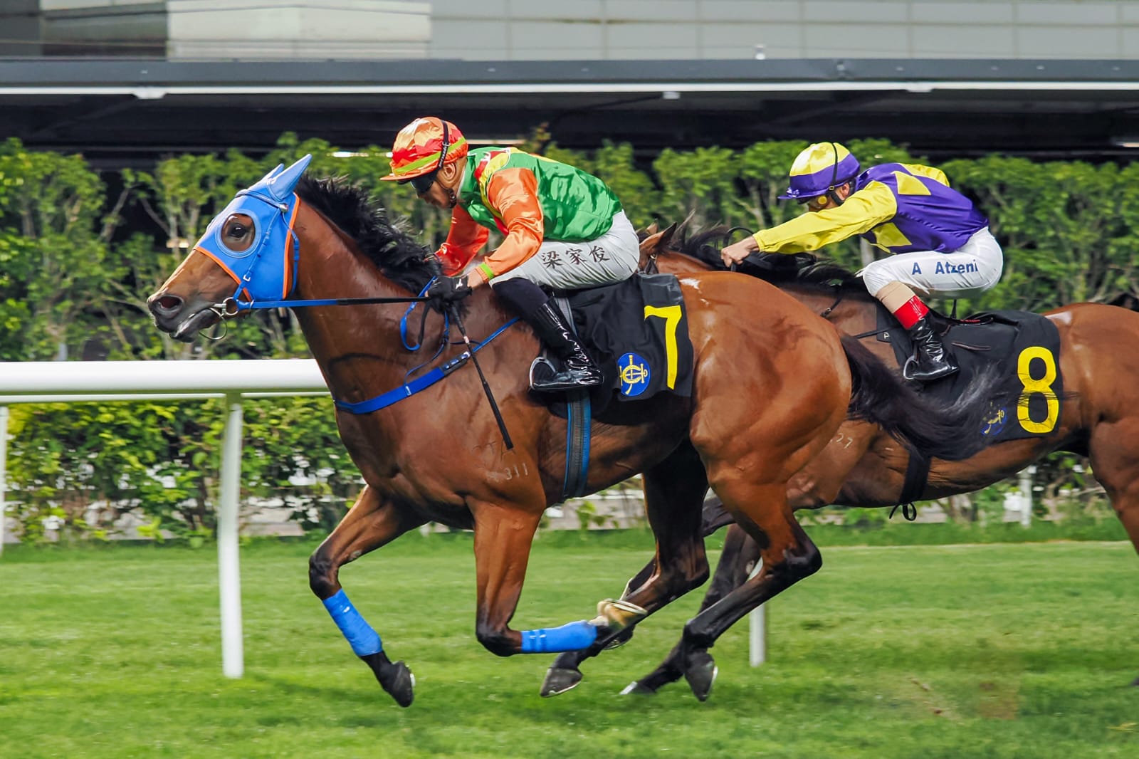 Glory Elite crossing the finish line first at Happy Valley Racecourse under jockey Derek Leung in the Class 2 Seoul Handicap.