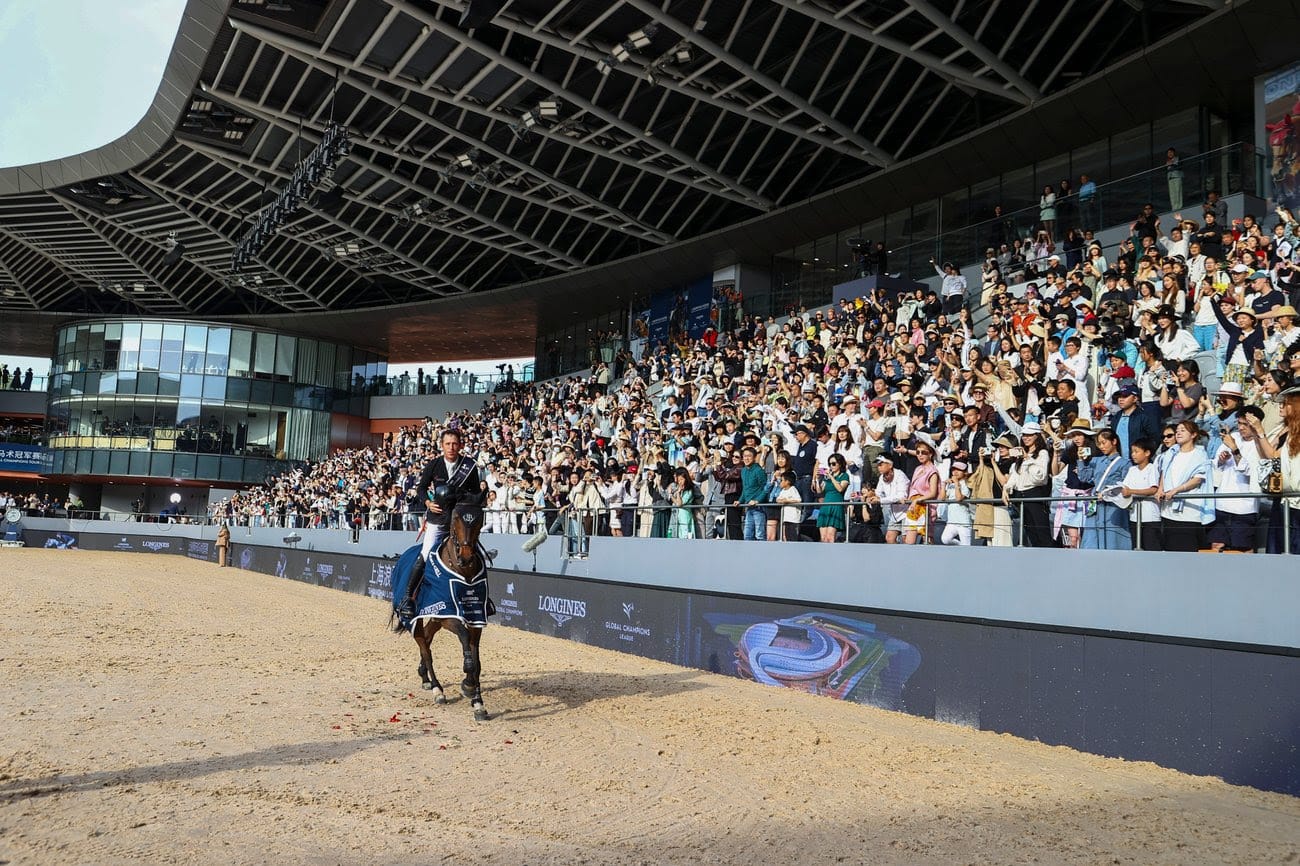 Scott Brash aboard Hello Chadora Lady clearing the final fence during his winning round at the Longines Global Champions Tour Grand Prix in Shanghai 2025.