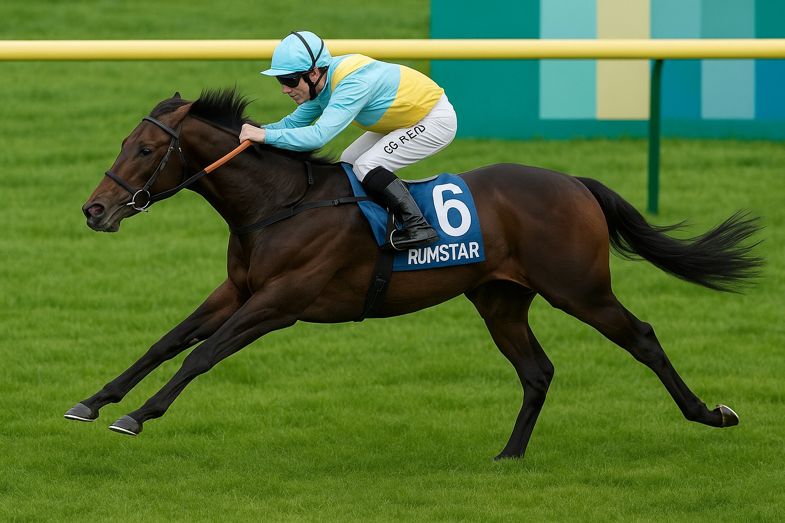 Racehorse Rumstar galloping at full speed with jockey in blue and yellow silks, wearing number 6.