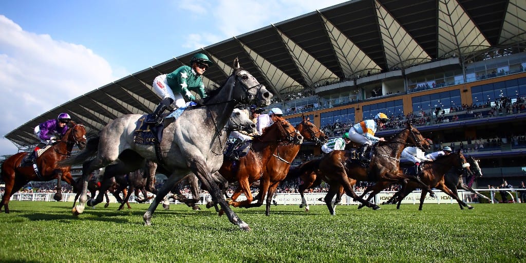 Jockeys racing towards the finish line at Ascot Racecourse during the May Racing Weekend 2025