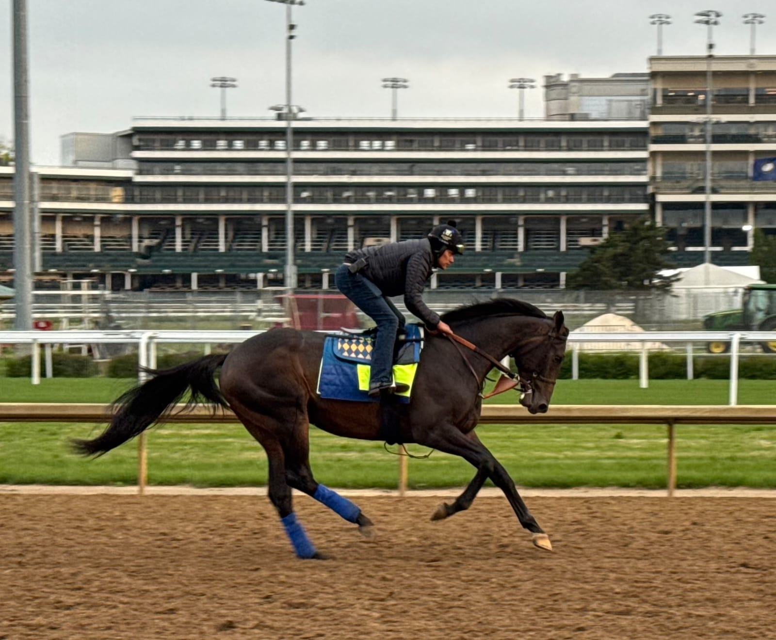 Bob Baffert watching Goal Oriented train at Churchill Downs ahead of a potential start in the 150th Preakness Stakes.