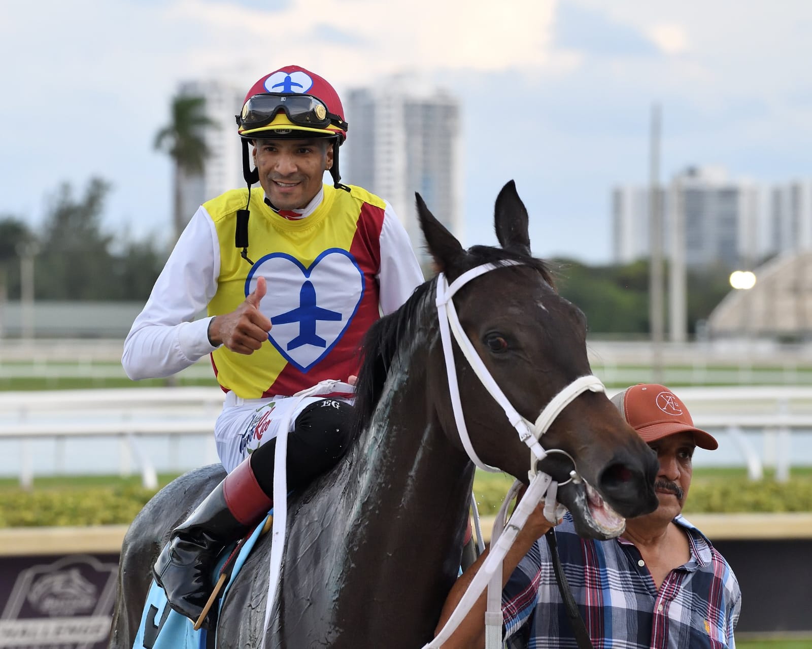 Horses breaking from the gate in a turf sprint at Gulfstream Park during a sunny race day