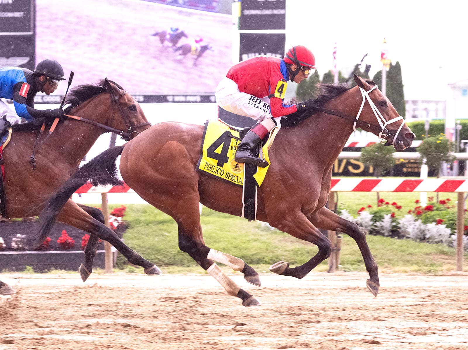 Awesome Aaron and jockey John Velazquez in action during the 2025 Pimlico Special at Pimlico Race Course