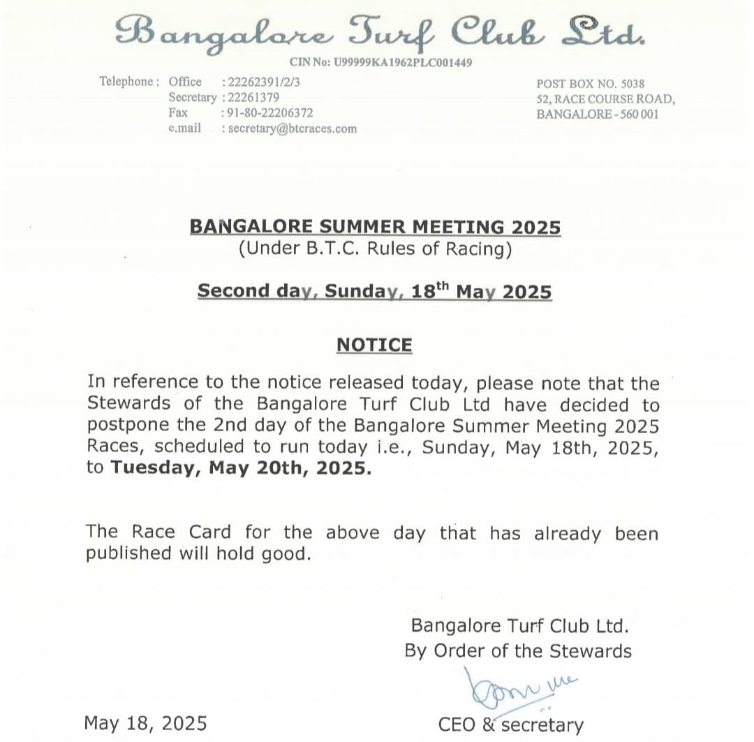 Official BTC notice announcing postponement of the Bangalore Summer Meeting 2025 (Second Day) from May 18 to May 20 due to heavy rain.
