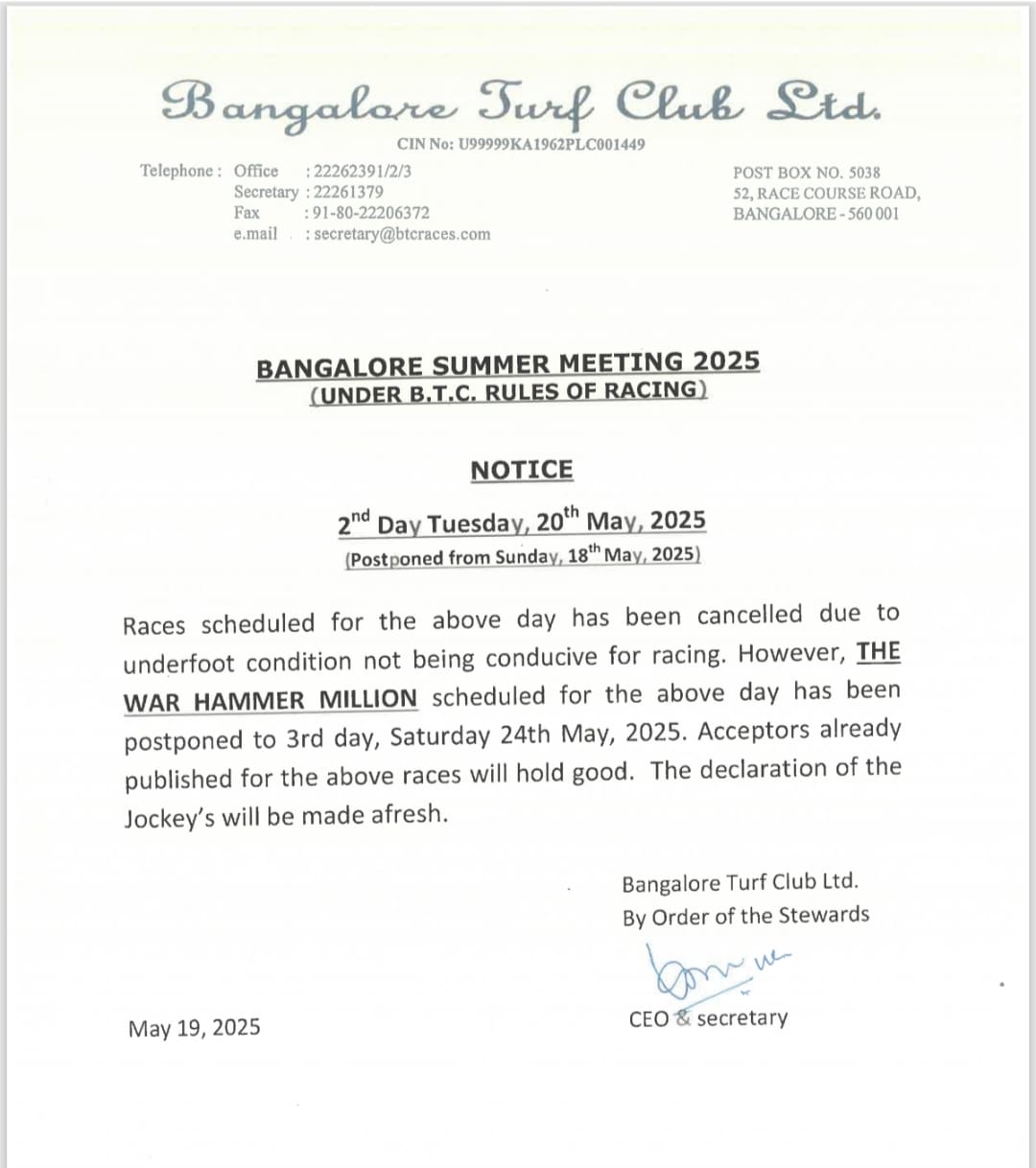 bangalore new race schedule, postponement of 18 may races