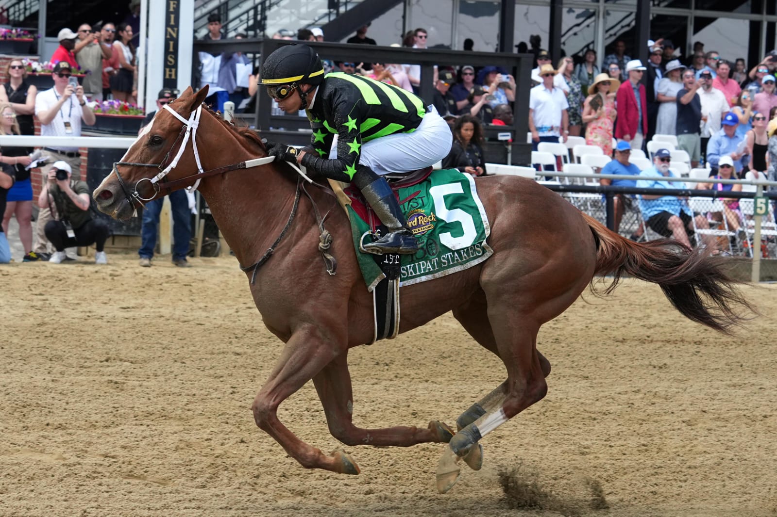 Zeitlos crosses the finish line ahead of rivals in the 2025 Skipat Stakes at Pimlico Race Course.