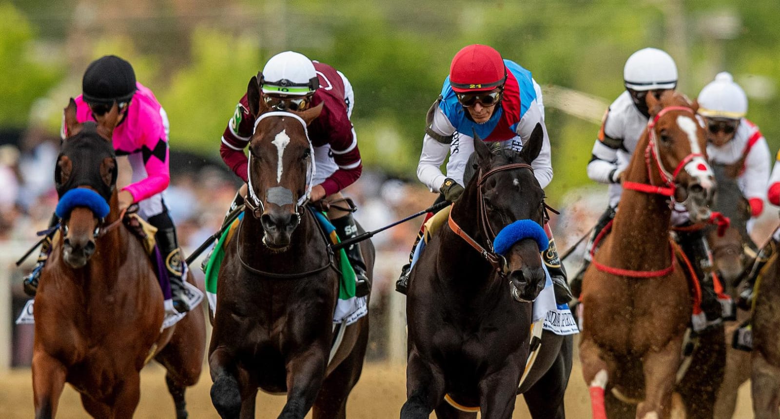 Horses charging down the stretch at Santa Anita Park during Hollywood Gold Cup Weekend 2025 under clear skies