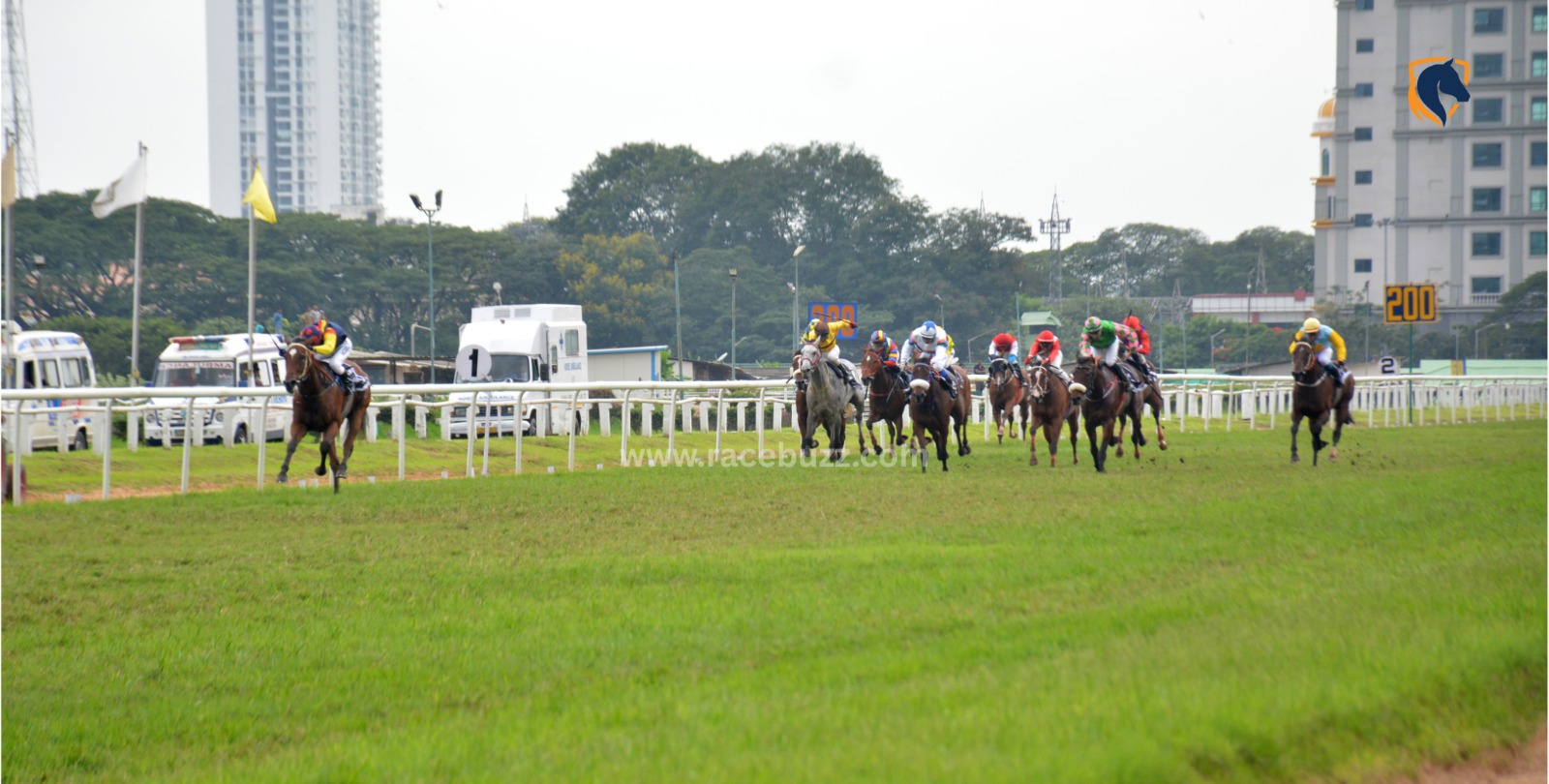 Horses racing on the turf at Bangalore Turf Club during the Summer Meeting with a vibrant crowd in the background.