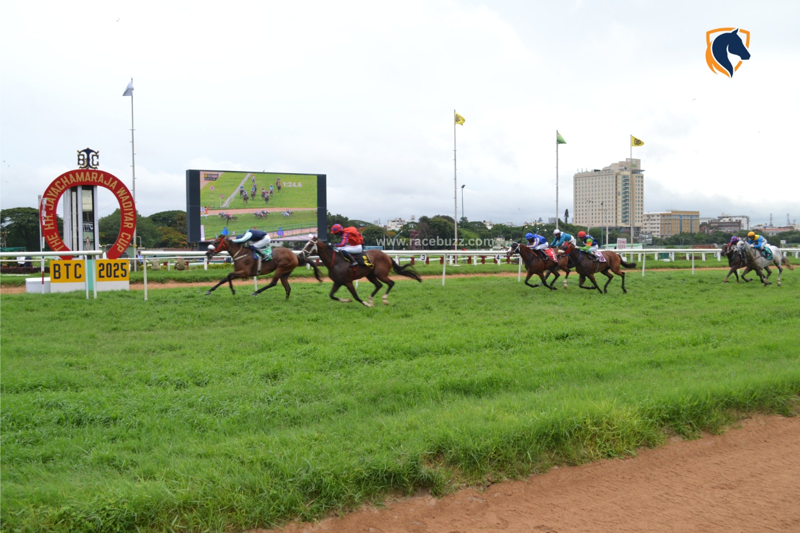 Jockeys and thoroughbreds in full stride during Day 5 of the Bangalore Summer Meeting 2025 at Bangalore Turf Club