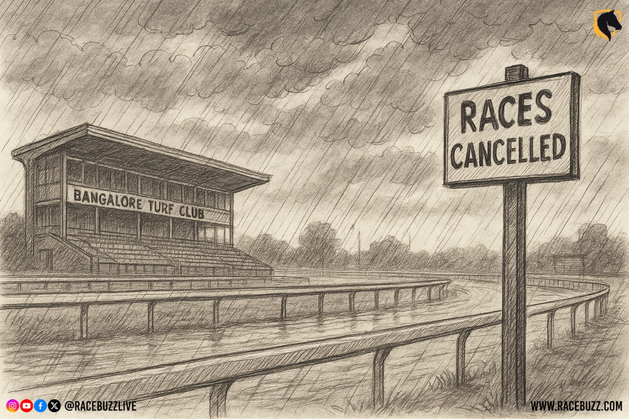 **Alt Text:** A sketch-style illustration of Bangalore Turf Club under heavy rain, showing an empty grandstand and a “RACES CANCELLED” sign beside a rain-soaked racetrack.