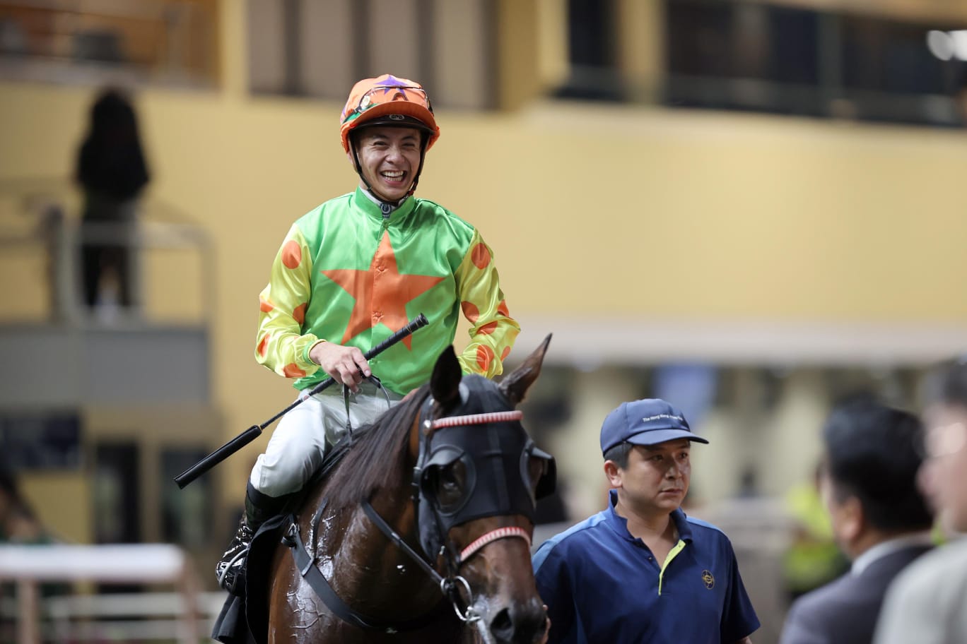 Derek Leung celebrates victory at Happy Valley after completing a treble ahead of his Group 3 ride on Lucky Sweynesse.