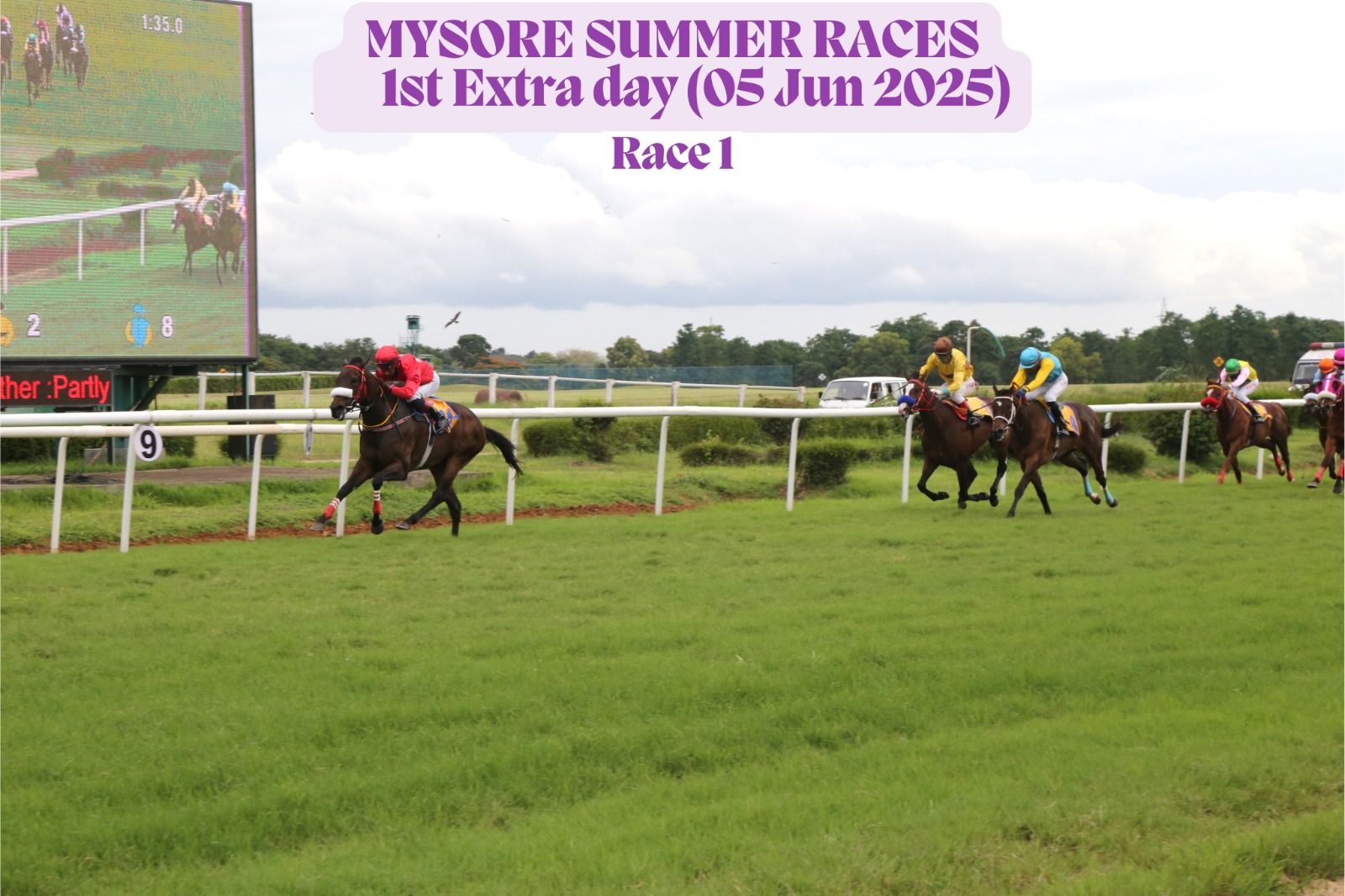Falcon Fury winning the maiden Tapathi Plate race at Mysore Race Club, ridden by jockey Varun, with the crowd cheering in the background during the Mysore Summer Races extra day event.