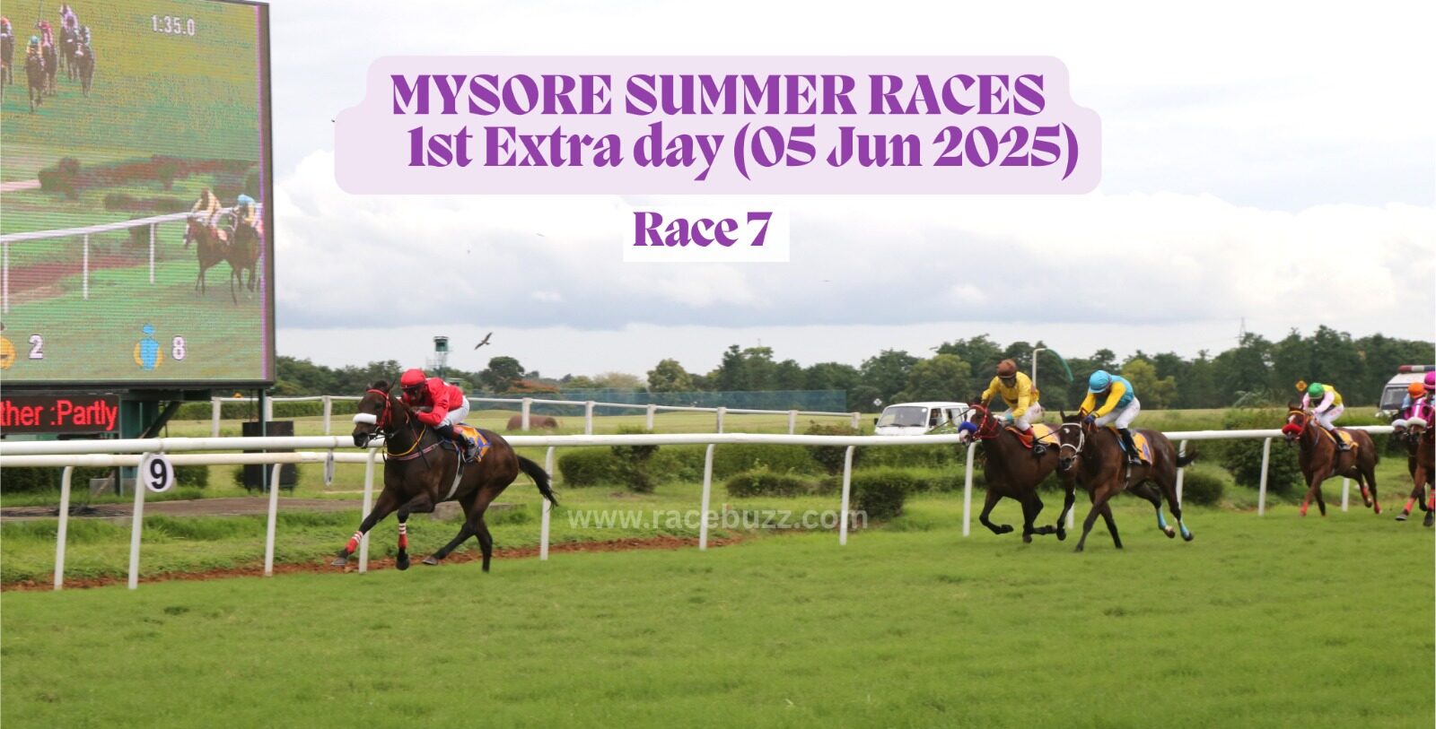 Racehorses sprint toward the finish during Race 5 of the Mysore Summer Races extra day on June 5, 2025, with the leading horse in red clearly ahead; a large screen shows the race in progress beside the track.