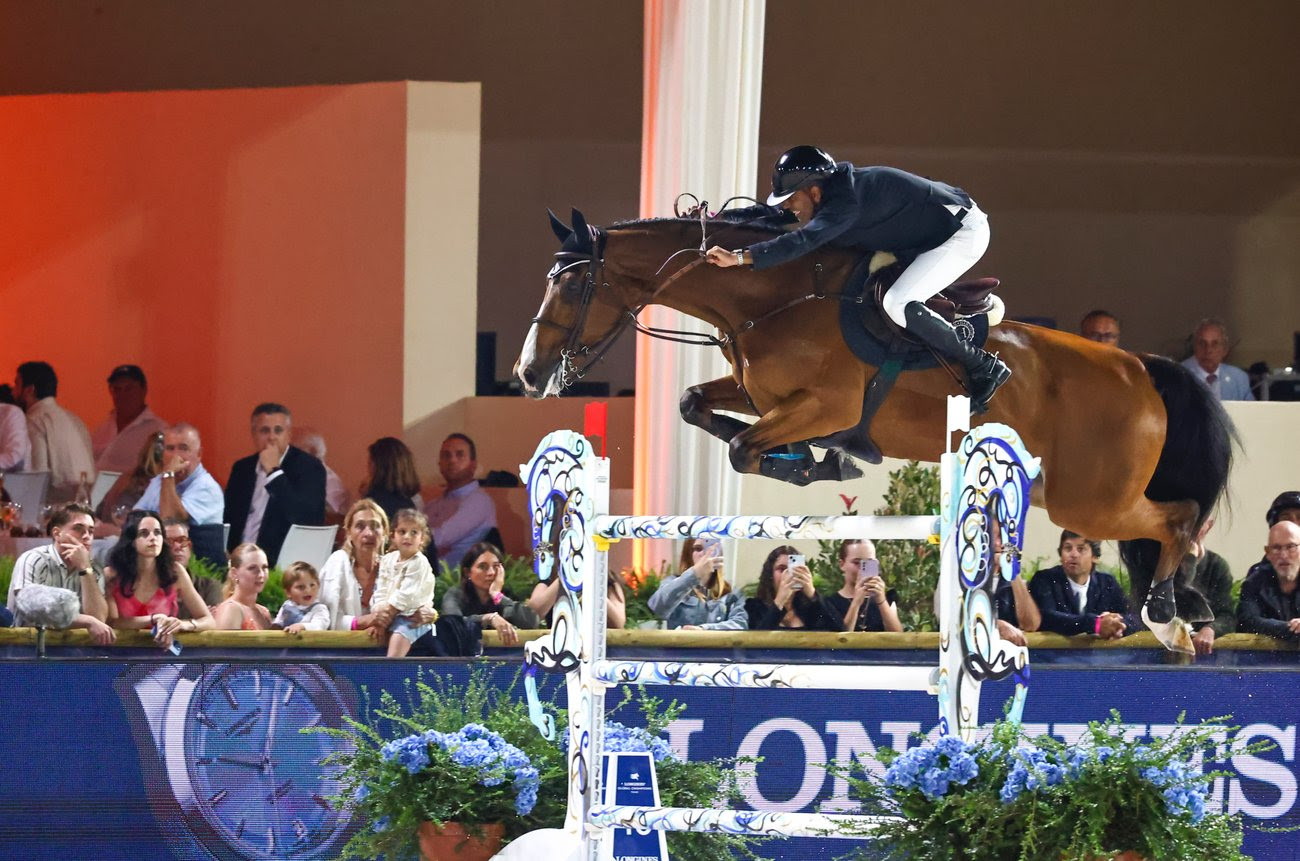 Mariano Martinez Bastida and Belano vd Wijnhoeve Z celebrate their victory in the CSI5* GCTV 1.50m jump-off at the Longines Global Champions Tour in Cannes 2025.