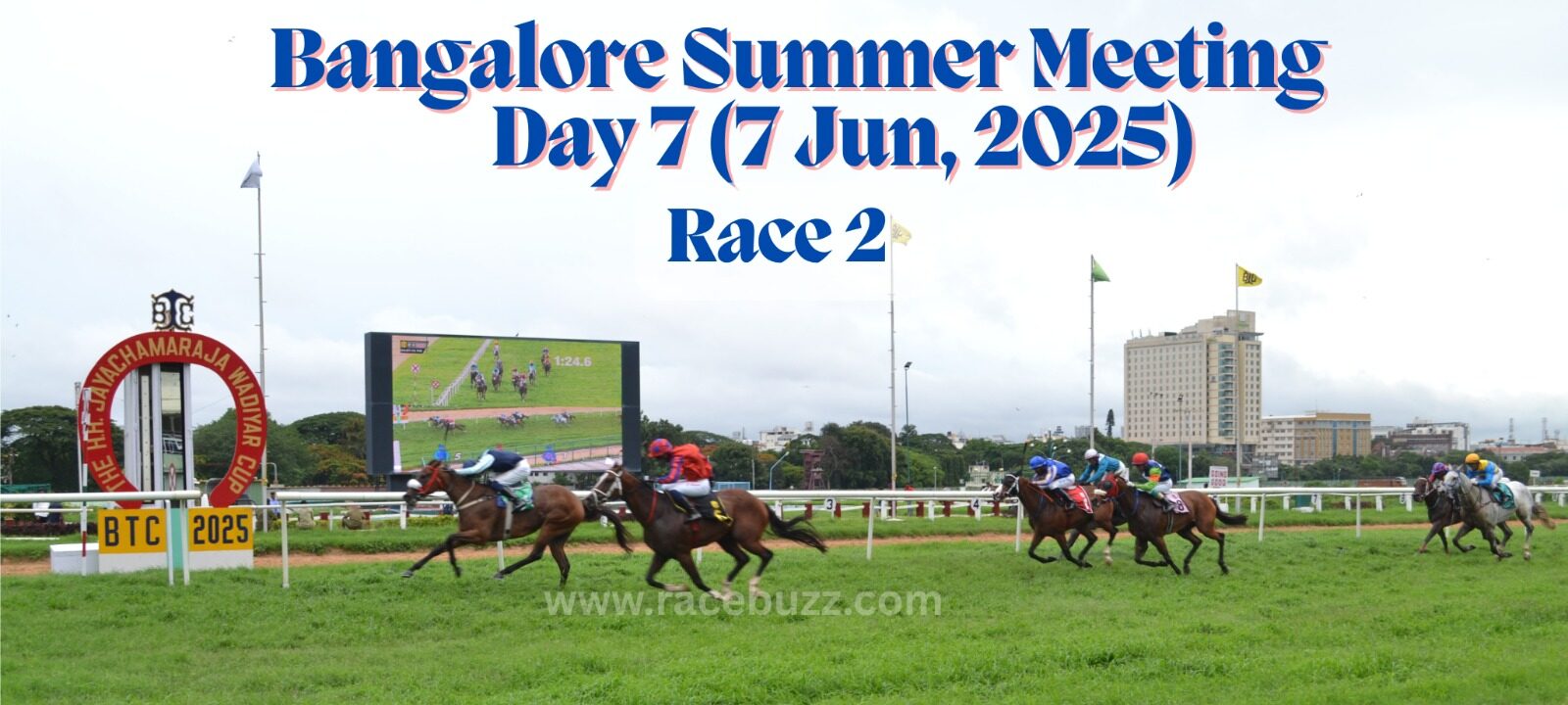 Action shot from Race 2 on Day 7 (7 June 2025) of the Bangalore Summer Meeting at Bangalore Turf Club. Horses are seen charging towards the finish line with the BTC 2025 marker and the H.H. Sri Chamaraja Wadiyar Cup arch in the background, along with a giant screen displaying the race.