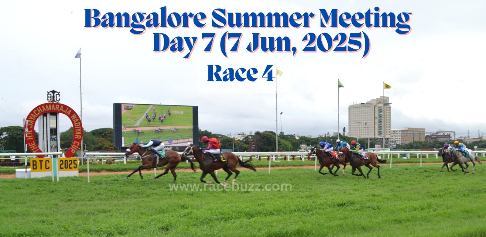 Action shot from Race 7 on Day 7 (7 June 2025) of the Bangalore Summer Meeting at Bangalore Turf Club. Horses are seen charging towards the finish line with the BTC 2025 marker and the H.H. Sri Chamaraja Wadiyar Cup arch in the background, along with a giant screen displaying the race.
