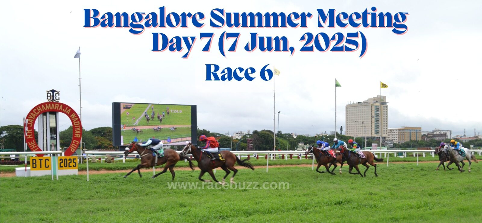 Action shot from Race 6 on Day 7 (7 June 2025) of the Bangalore Summer Meeting at Bangalore Turf Club. Horses are seen charging towards the finish line with the BTC 2025 marker and the H.H. Sri Chamaraja Wadiyar Cup arch in the background, along with a giant screen displaying the race.