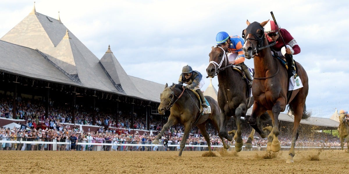 Aerial view of Saratoga Race Course packed with fans during Belmont Stakes Day 2025