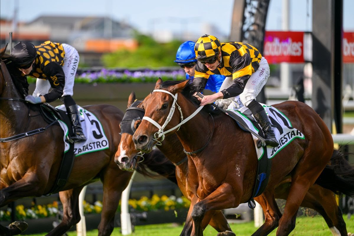 Joliestar surges past Zarastro in the final stride to win the Kingsford Smith Cup 2025 at Eagle Farm under jockey James McDonald.