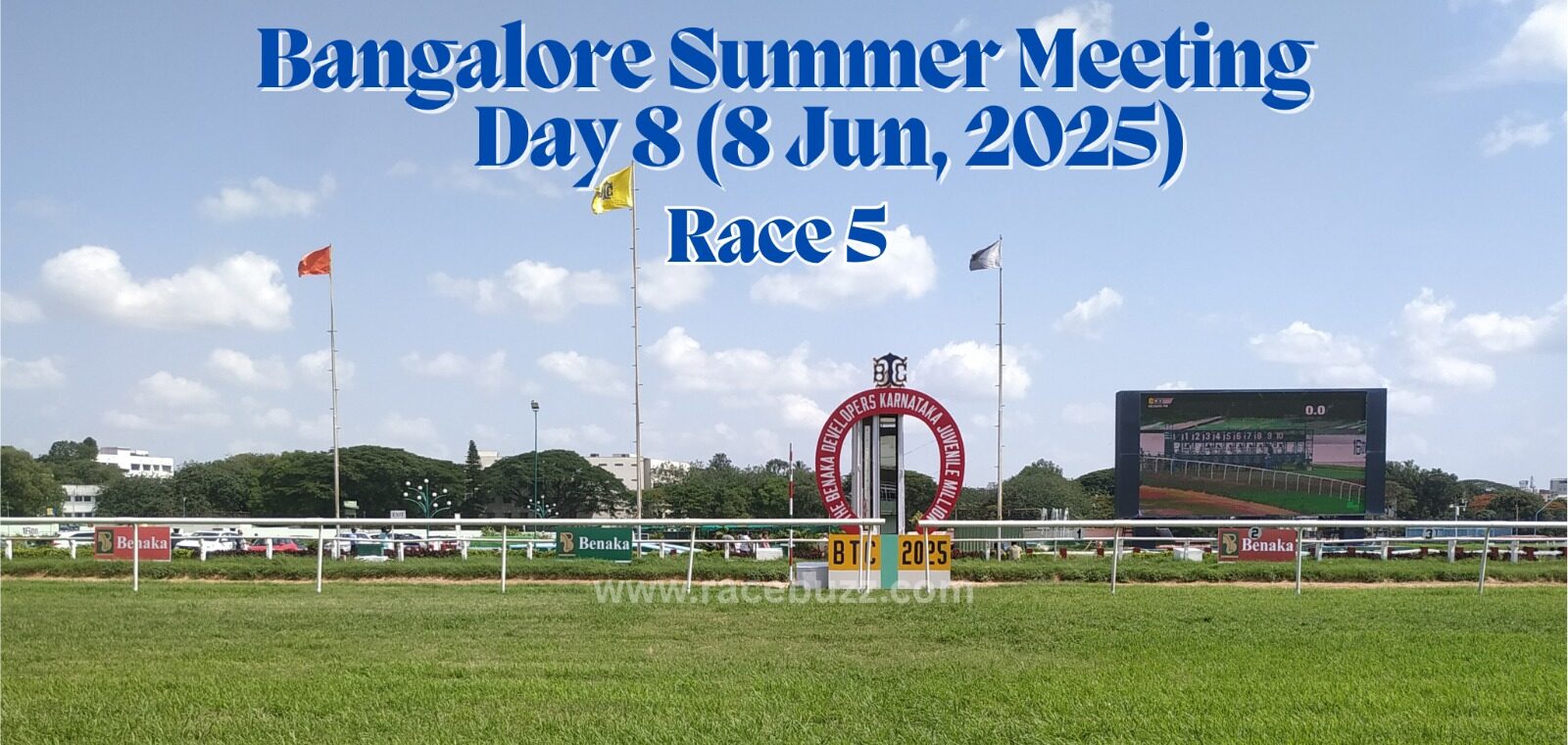 View of the Bangalore Turf Club racecourse on Day 8 of the Bangalore Summer Meeting 2025, featuring the starting gate, sponsor hoardings, and a digital screen showing the starting positions for Race 5 on June 8, 2025. Flags are hoisted above the track, and the weather is clear with blue skies.
