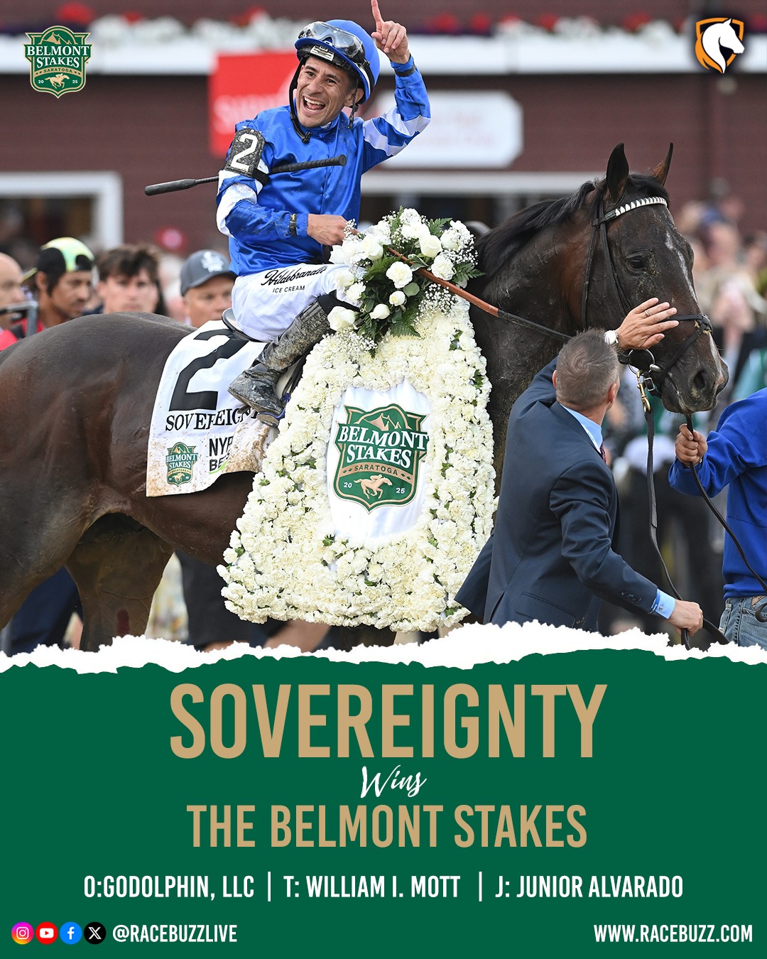 Sovereignty storms down the Saratoga stretch to win the 157th Belmont Stakes, ridden by Junior Alvarado and trained by William I. Mott.