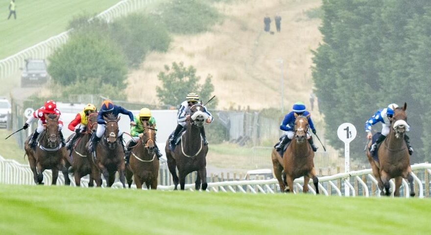 Brighton Racecourse track view with horses in motion during a summer flat race on June 9, 2025.