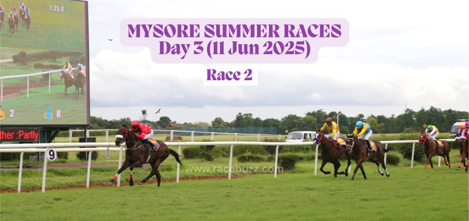 A racehorse in red silks leads the field during Race 2 on Day 3 of the Mysore Summer Races 2025, held on June 11. The horse is seen nearing the finish line on a lush green turf track, with other contenders trailing behind. A large digital screen to the left shows a live replay of the race. The background features scenic greenery and a partly cloudy sky.