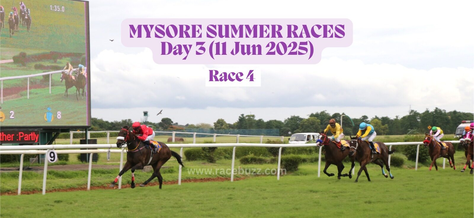 A racehorse in red silks leads the field during Race 4 on Day 3 of the Mysore Summer Races 2025, held on June 11. The horse is seen nearing the finish line on a lush green turf track, with other contenders trailing behind. A large digital screen to the left shows a live replay of the race. The background features scenic greenery and a partly cloudy sky.