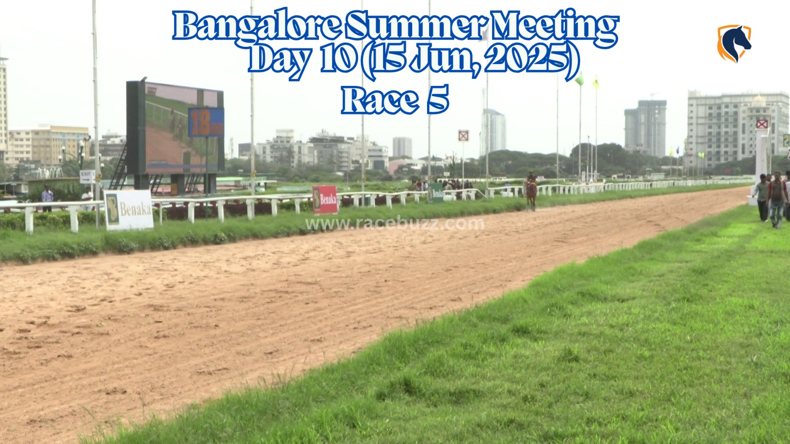 View of the finishing stretch at Bangalore Turf Club during Race 5 on Day 10 of the Bangalore Summer Meeting, June 15, 2025, with the large screen showing race footage and race branding visible trackside.