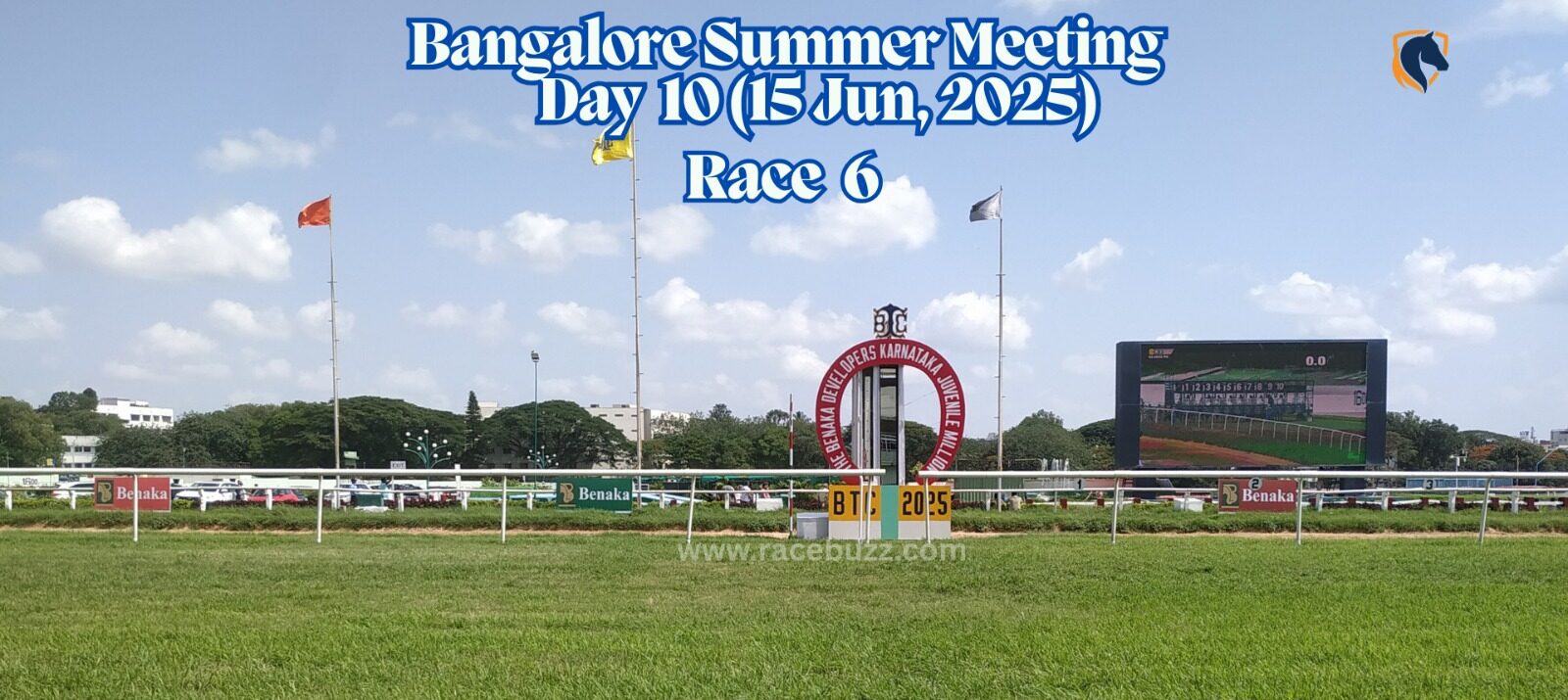 View of the finishing stretch at Bangalore Turf Club during Race 5 on Day 10 of the Bangalore Summer Meeting, June 15, 2025, with the large screen showing race footage and race branding visible trackside.