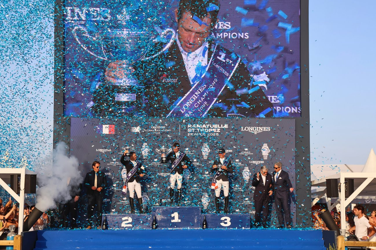 Scott Brash and Hello Chadora Lady soaring over a jump at the Longines Global Champions Tour Grand Prix in St. Tropez 2025, set against the Riviera backdrop.