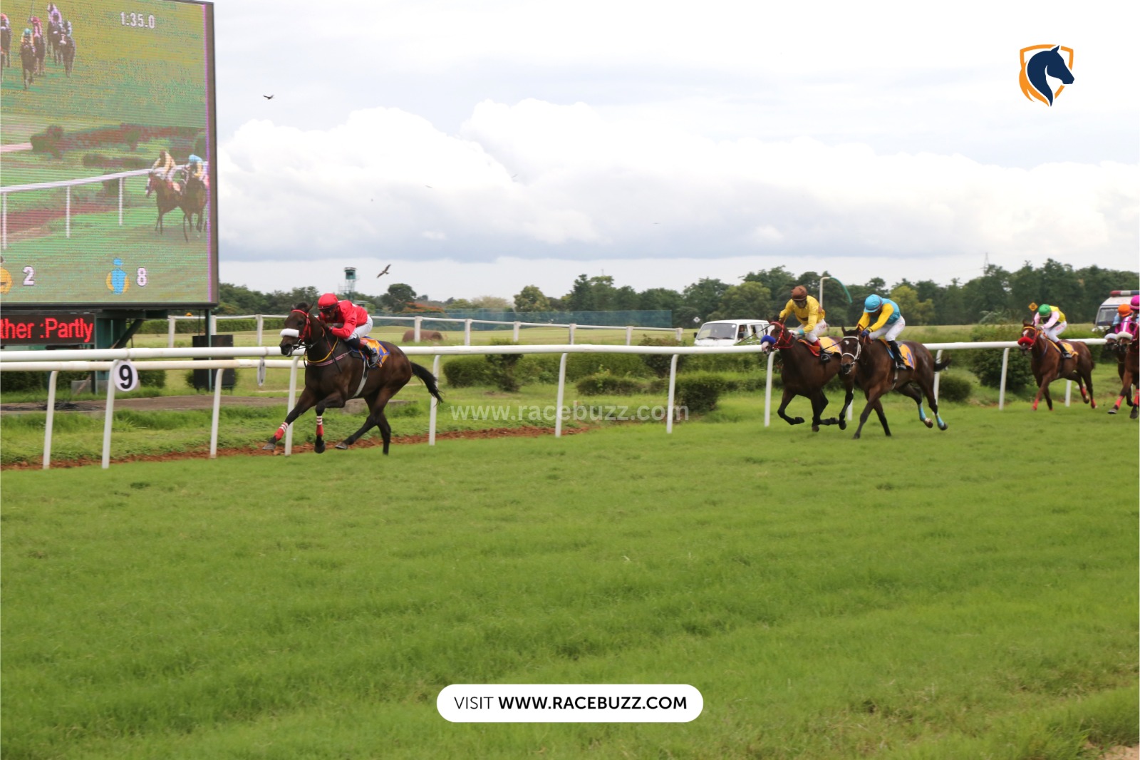 Racehorses at full speed on the Mysore Race Club track with spectators watching from the grandstand during the summer season.