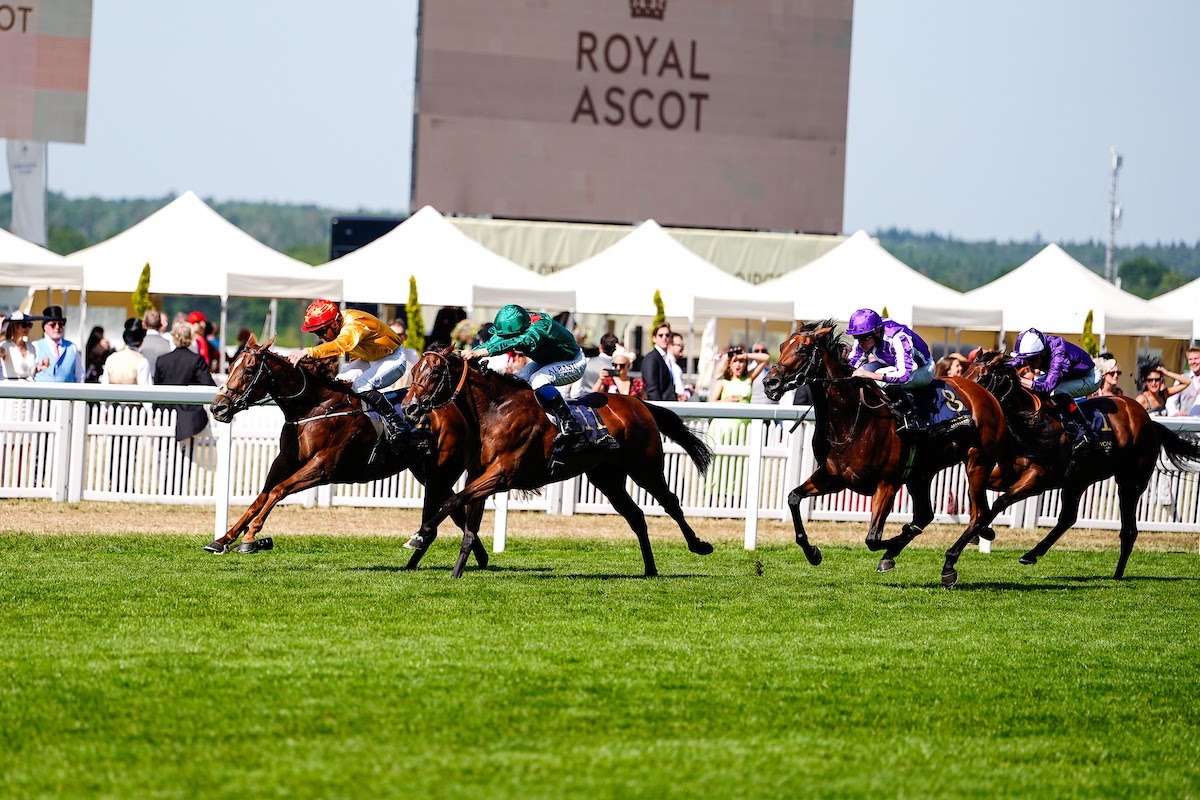 Cercene, with jockey Gary Carroll aboard, crosses the finish line first in the Coronation Stakes at Royal Ascot 2025