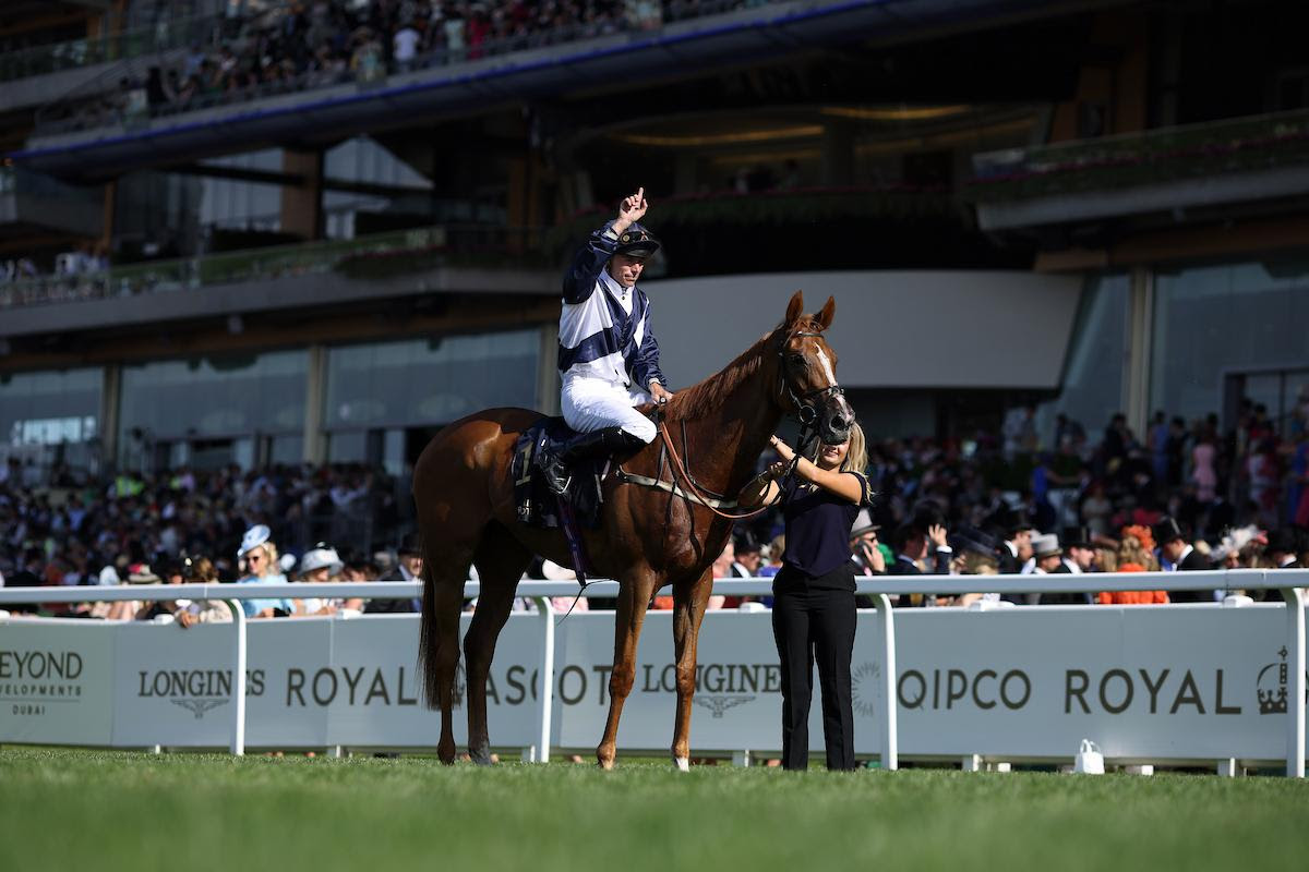 Kieran Shoemark celebrates aboard Never Let Go after winning the Sandringham Stakes at Royal Ascot 2025
