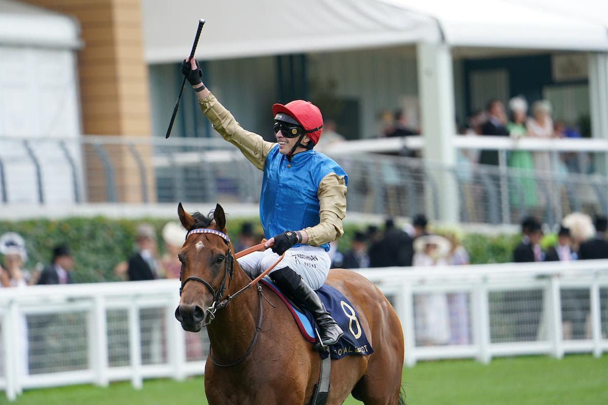 Lazzat crosses the finish line in the Queen Elizabeth II Jubilee Stakes at Royal Ascot 2025, holding off Satono Reve in a thrilling sprint finish.