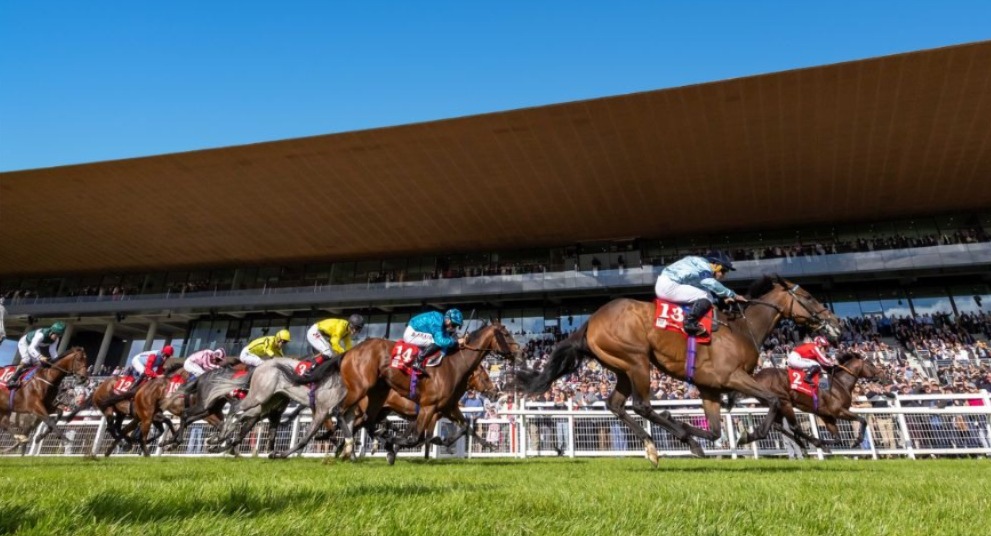 A panoramic view of Curragh Racecourse during Dubai Duty Free Irish Derby weekend with horses lining up for a Group race under sunny skies.