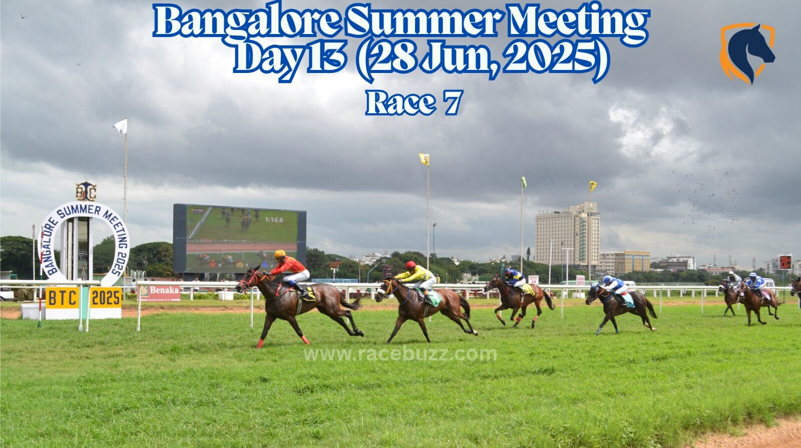 Star Concept, ridden by Shezad Khan, leads Dynamic Force and Aherne across the finish line to win The Poonawalla Stud Plate Div I at Bangalore Turf Club in a timed finish of 1:15.22.
