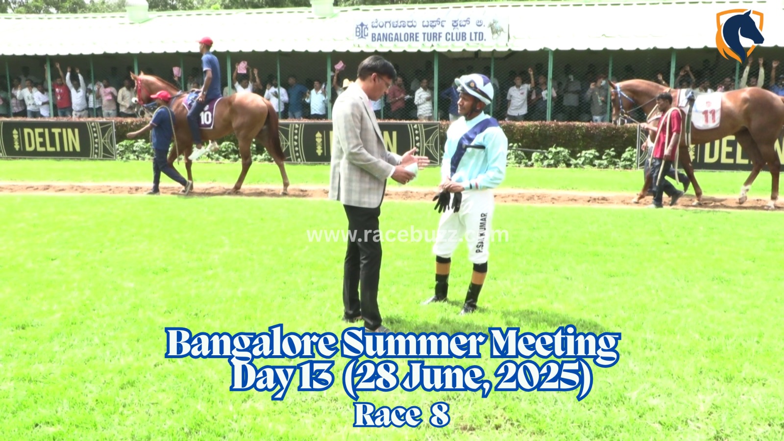 Ashwa Kali Bhani, with jockey Suraj Narredu aboard, races to victory in the 1600-meter Desert God Plate at Bangalore Turf Club, narrowly edging out Continues and Dubai Safari to close Day 14 of the summer meeting.