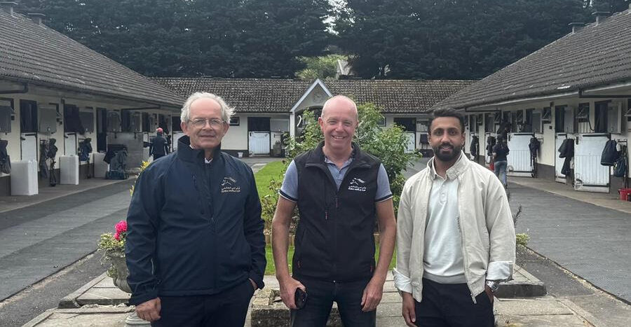 Ali Al Ali CEO of Dubai Racing Club with trainer Karl Burke and Erwan Charpy during UK stable visit
