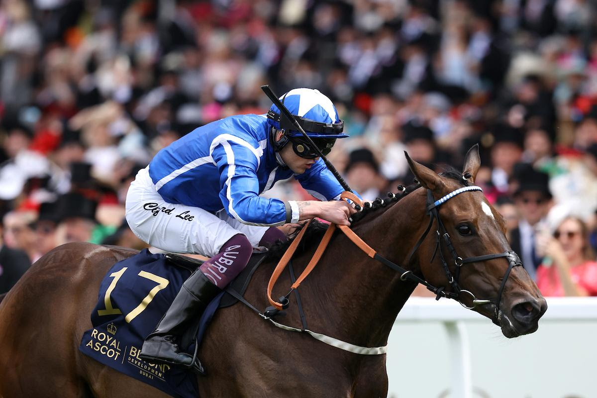 Venetian Sun crossing the finish line to win the Group 3 Albany Stakes at Royal Ascot 2025.