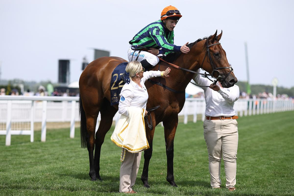 Time For Sandals returns to the winner’s enclosure after her Group 1 Commonwealth Cup victory at Royal Ascot 2025.