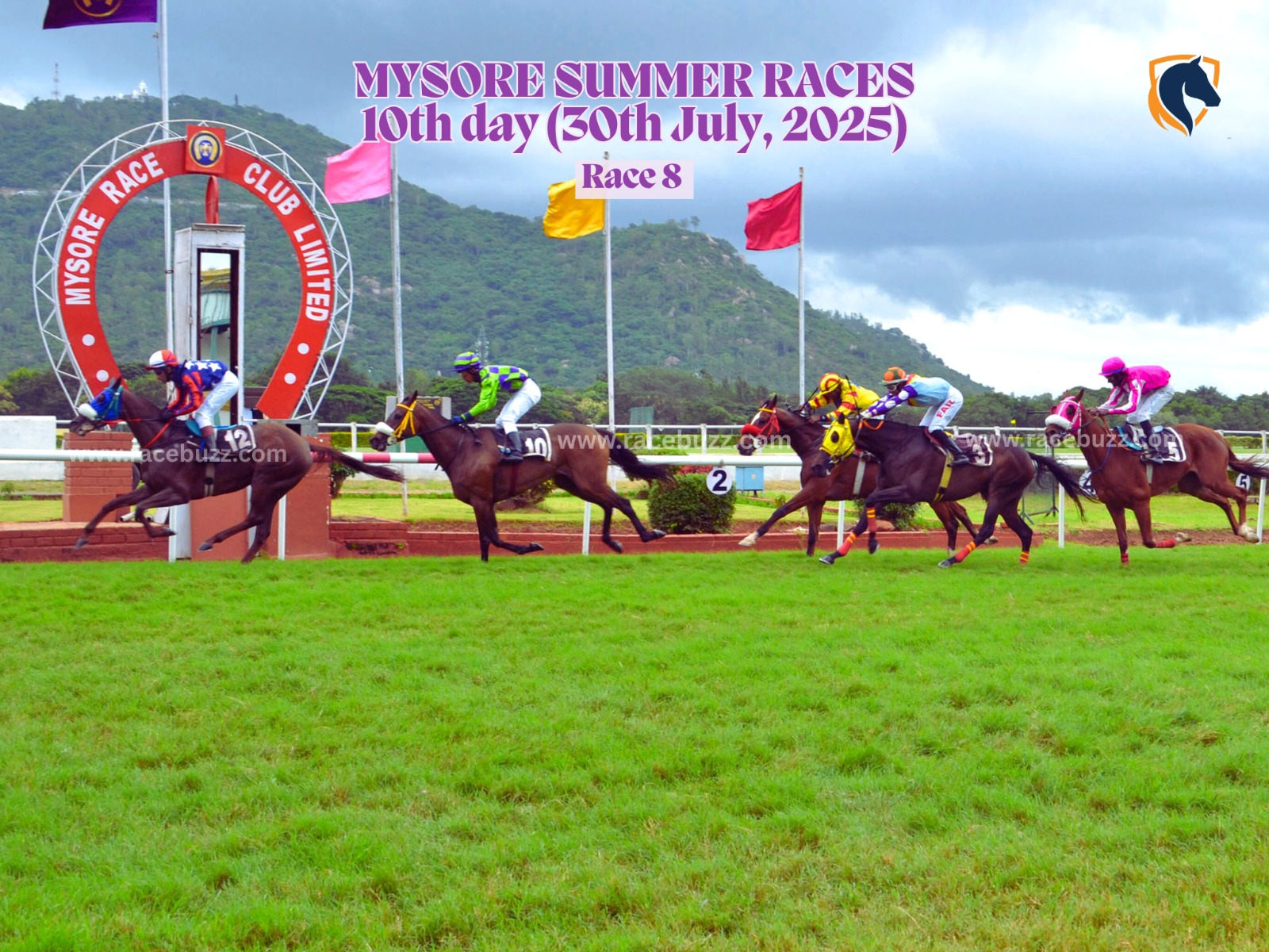 Serrano leads the field home in The Davanagere Plate Div I 2025 at Mysore, ridden by Hindu Singh on July 30th.