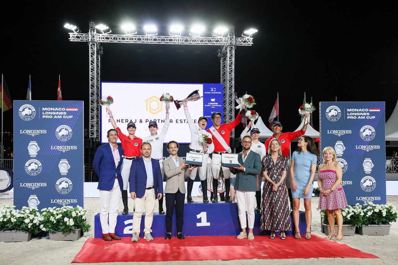 Team Paneraj & Partner Estate celebrates their victory at the Longines Pro-Am Cup 2025 in Monaco’s Port Hercule arena.