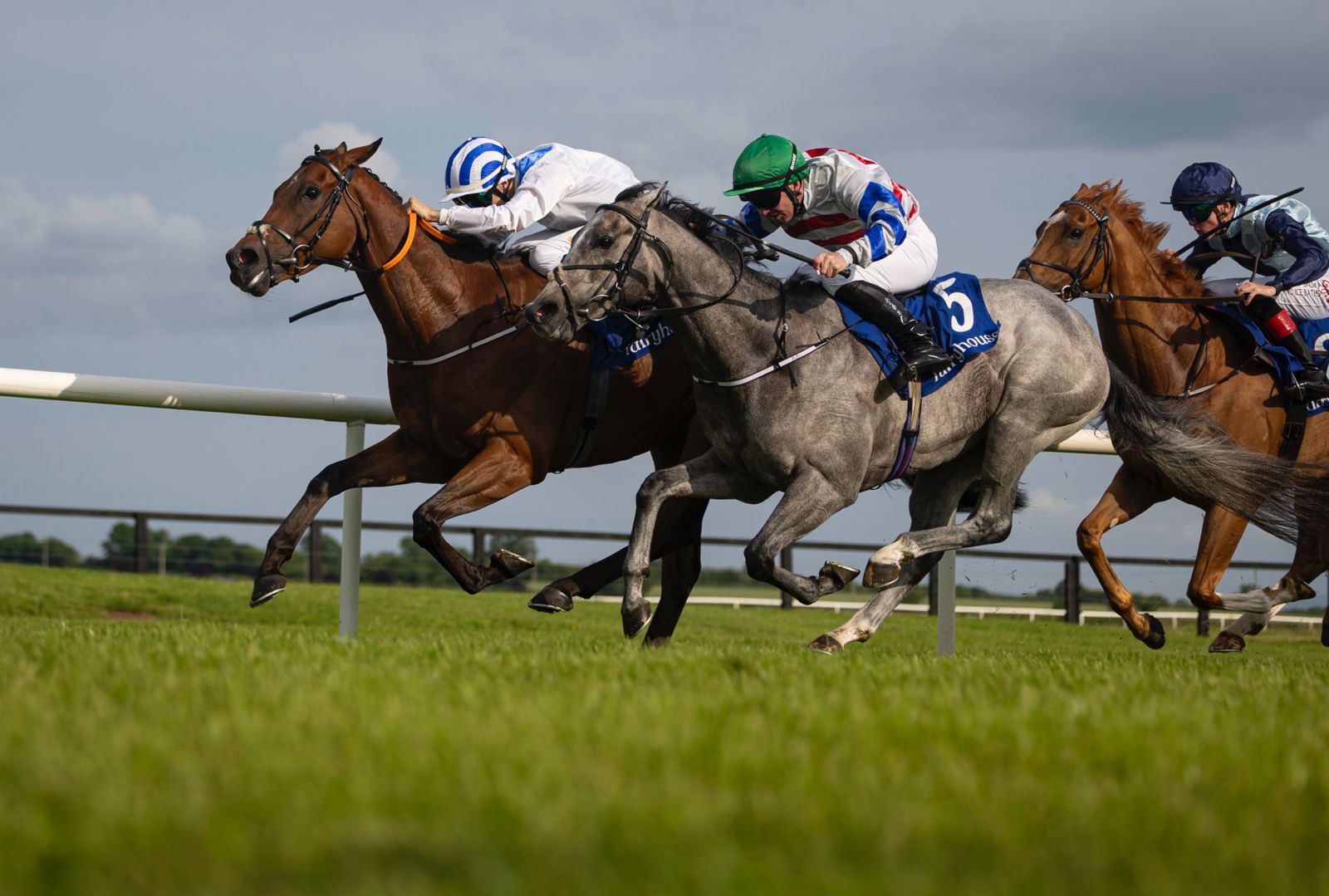 View of Fairyhouse Racecourse grandstand and track during a summer flat racing fixture in County Meath, Ireland.