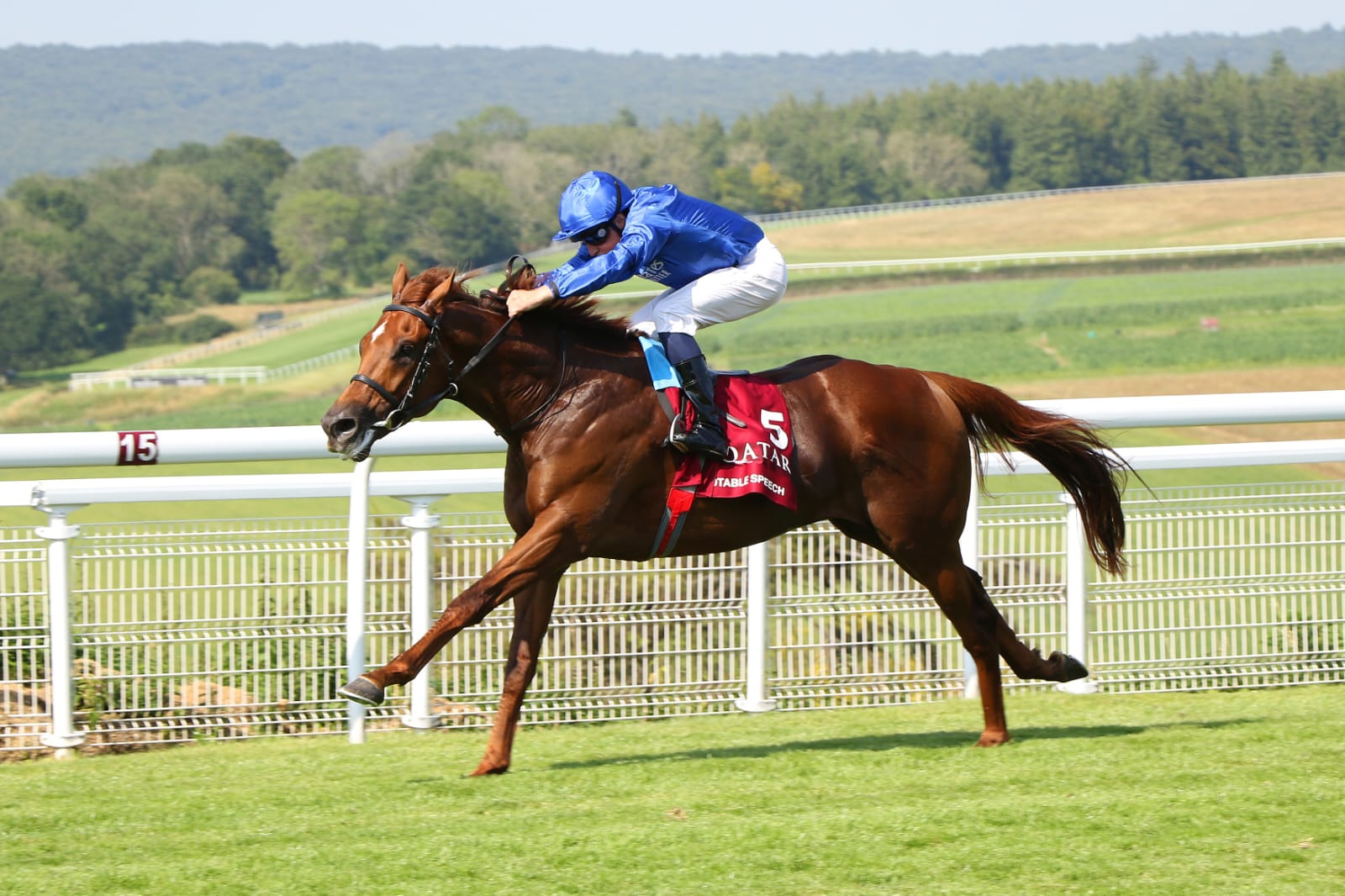 Jockey William Buick rides Notable Speech during morning trackwork at Newmarket ahead of the 2025 July Cup
