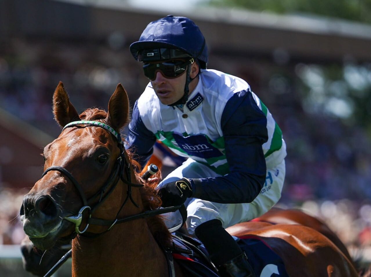 Zavateri storms ahead to win the Kingdom Of Bahrain July Stakes at Newmarket’s Ladies Day, ridden by Charlie Bishop.