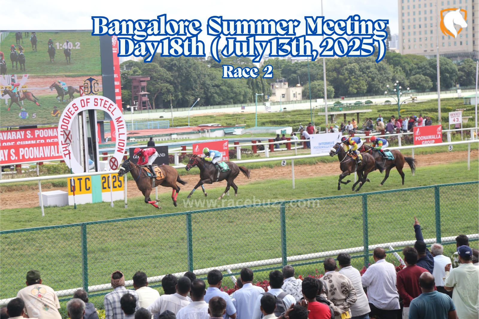 Money Bags, ridden by Akshay Kumar, crosses the finish line ahead of Basilica and Bellavita in the Indian Pattern Committee Trophy Div I at Bangalore Turf Club.